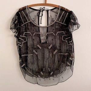 Free People Sheer Beaded Top Shirt SM